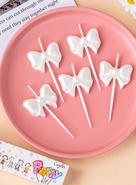 韩系ins珠光白色蝴蝶结蜡烛蛋糕装饰可爱小仙女生日派对插件装扮