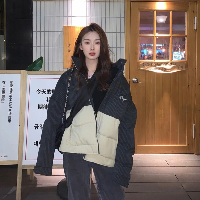 2021冬季国潮撞色羽绒棉服女潮牌ins欧美式炸街棒球服加厚短外套