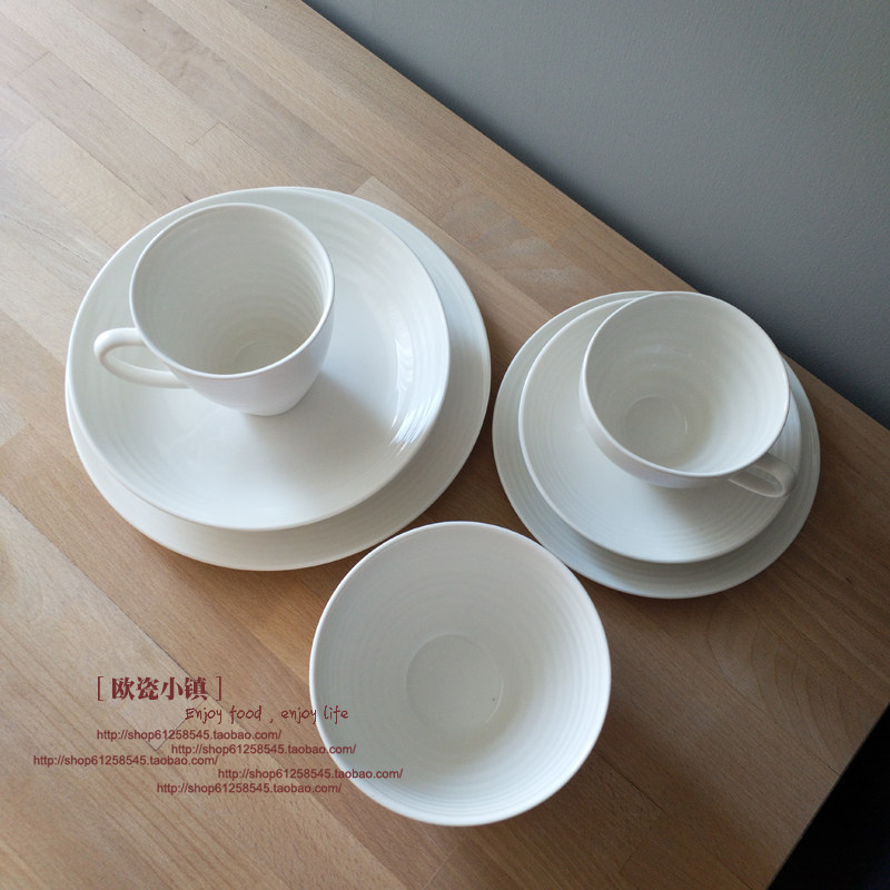 【出口美国】平盘深盘汤碗杯碟米白横纹套装加厚家用高温陶瓷餐具