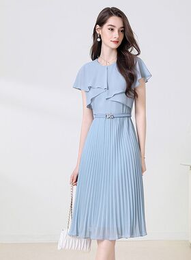 蓝色荷叶边百褶收腰雪纺连衣裙女装夏季2026新款优雅气质修身裙子