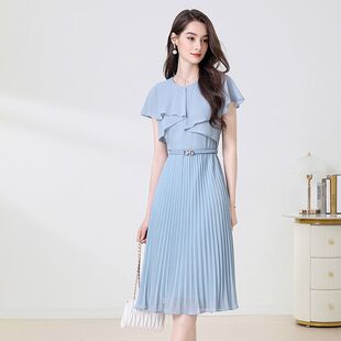 蓝色荷叶边百褶收腰雪纺连衣裙女装夏季2026新款优雅气质修身裙子