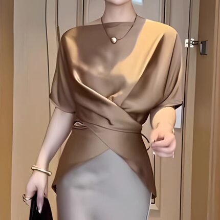 一字领上衣半身裙套装女2026夏新款不规则衬衫高级醋酸垂感裙子潮