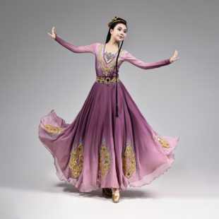 新疆维吾尔族渐变色大摆裙艺考服民族风舞蹈剧目表演练功排练套装