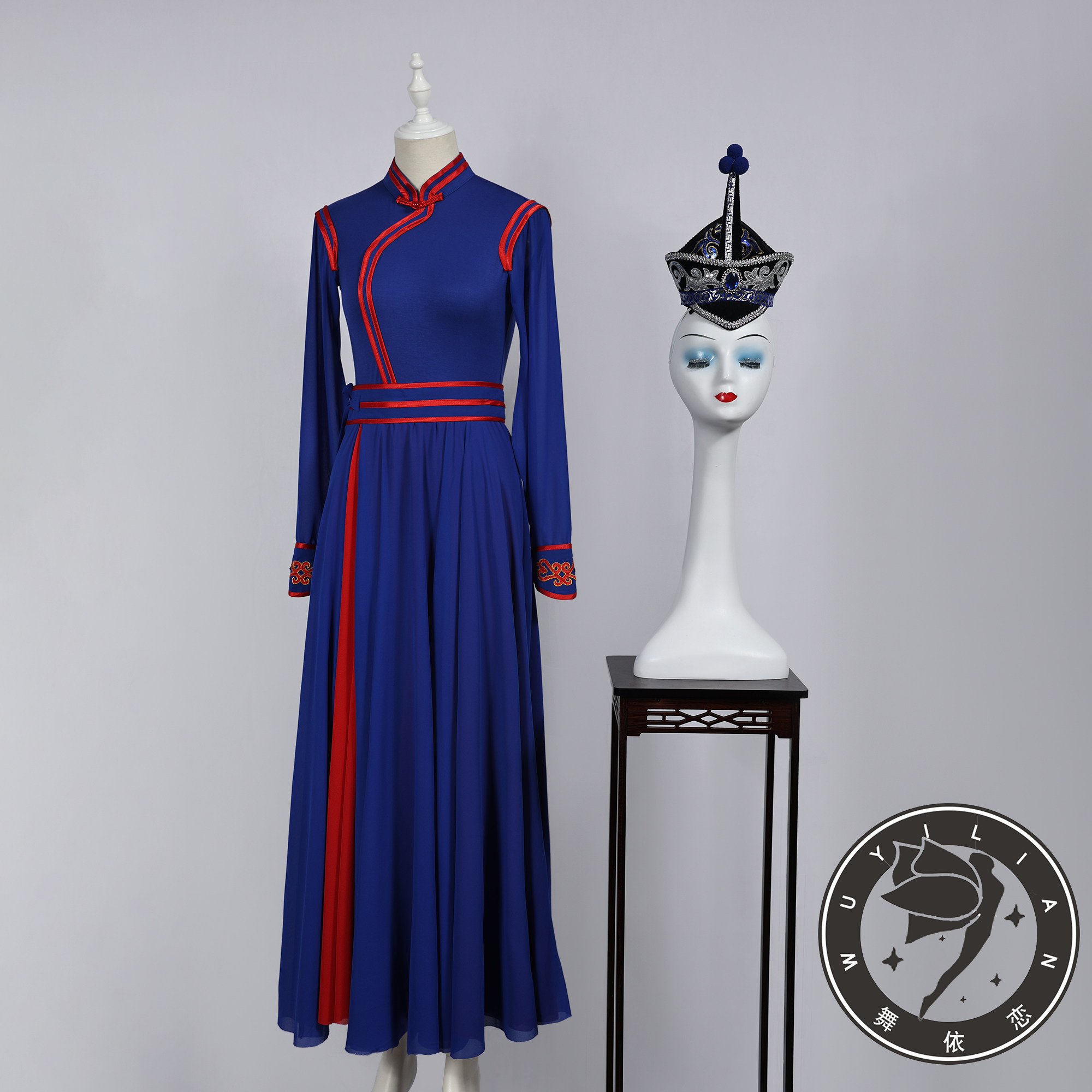 蒙古蓝色舞蹈大摆裙学生表演舞蹈服装艺考定制新款舞台演出套装裙