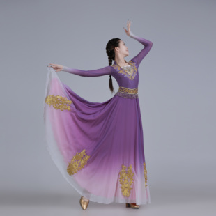 新疆维族紫色渐变定制新款舞蹈裙学生考试练功服装舞台剧目演出服