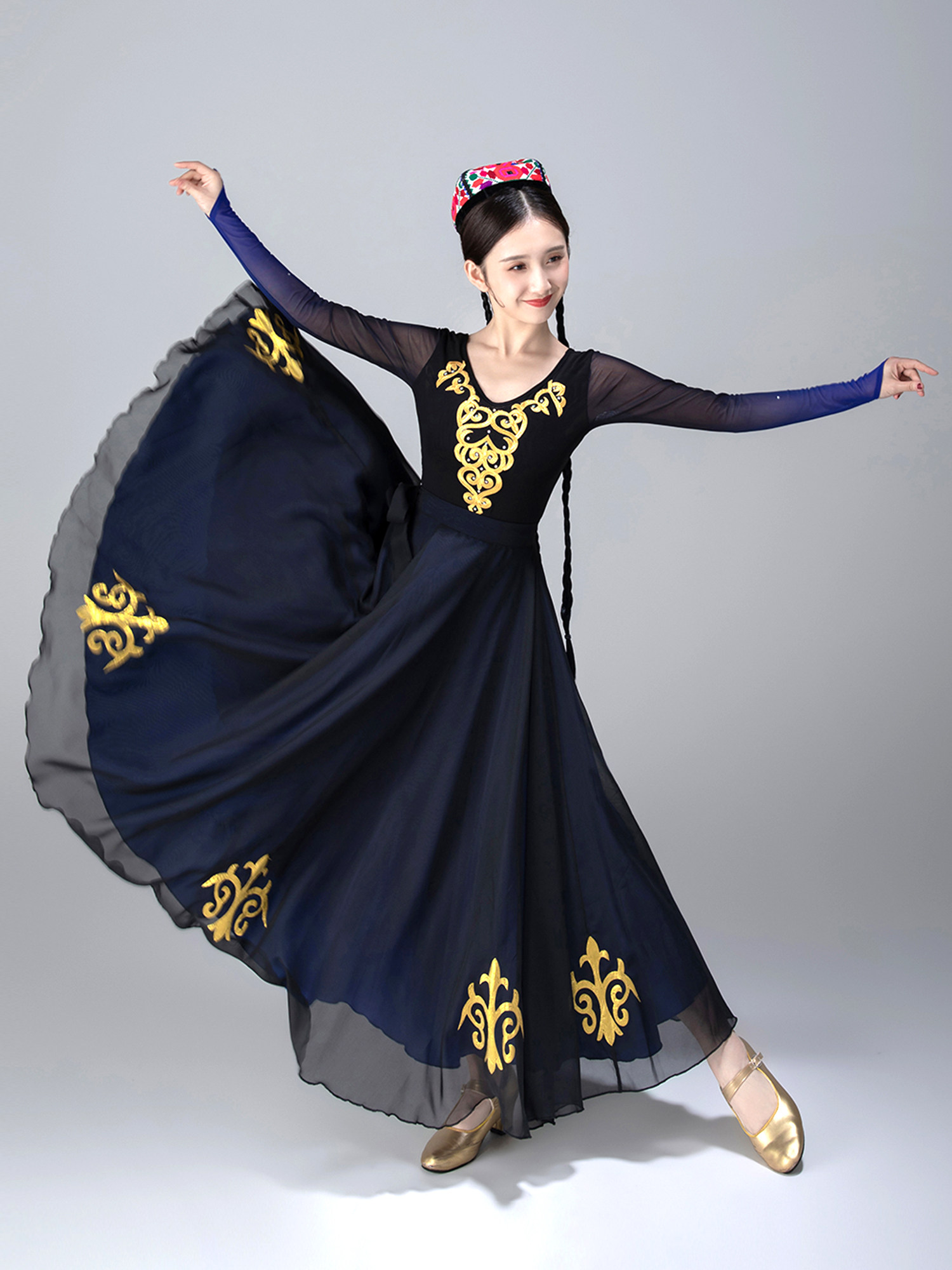 新疆舞蹈练习裙大摆裙练功裙维吾尔族演出服成人裙艺考裙套装定制