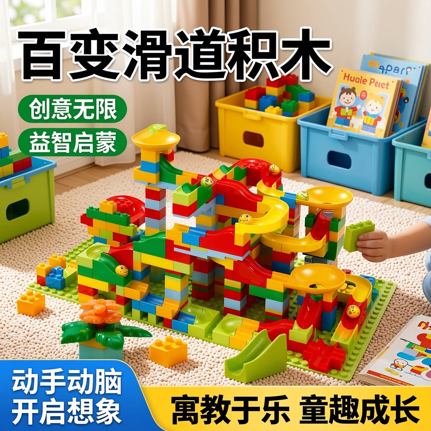 百变滑道积木拼装益智玩具拼图3到6岁儿童大小颗粒男女孩滚珠轨道