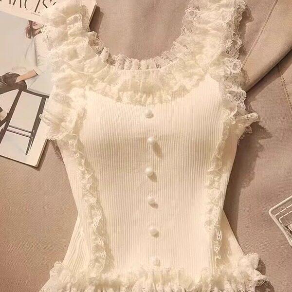 纯欲甜辣蕾丝花边吊带背心女夏辣妹修身显瘦针织打底短款无袖上衣