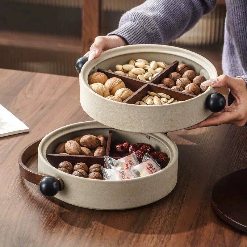 粗陶手提分格果盘创意干果盘点心糖果家用新年零食收纳盒坚果拼盘