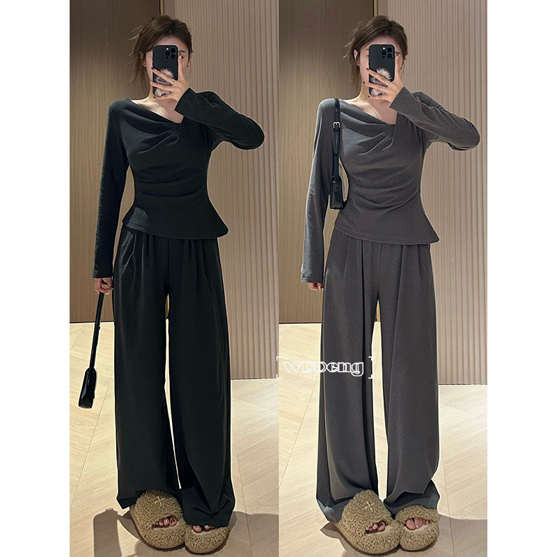 针织长袖上衣牛筋腰长裤