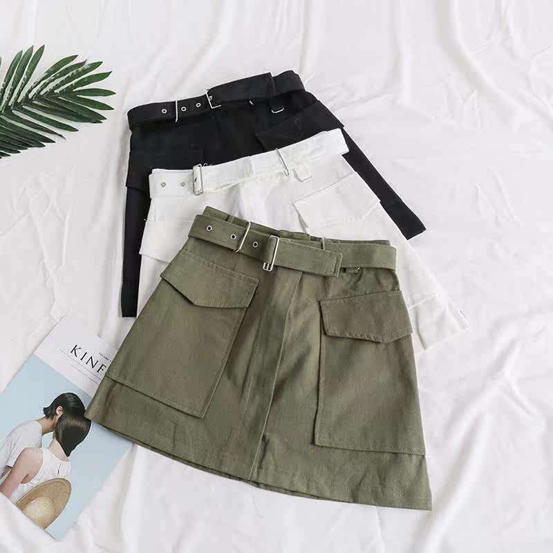 2018秋季韓版純色工裝a字短裙女新款高腰開衫百搭休閑半身裙+腰帶在類目 女裝/女士精品, 半身裙中 - 來自Buy2taobao.com提供專業的淘寶代購服務
