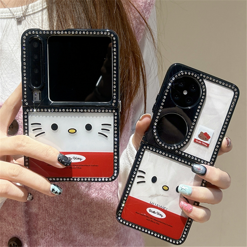 闪钻黑表情KT猫凯蒂猫适用华为Pura X折叠屏保护套p50 Pocket2/s手机壳小米mix Flip2全包防摔vivoxflip透明
