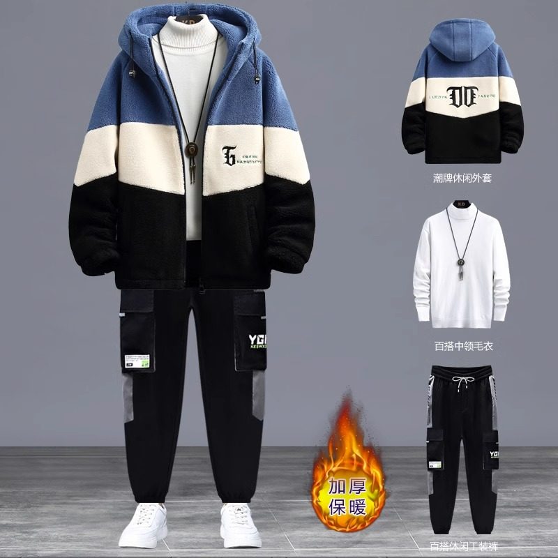羊羔绒外套2023冬季加厚男装帅气搭配一套衣服潮流摇粒绒休闲套装