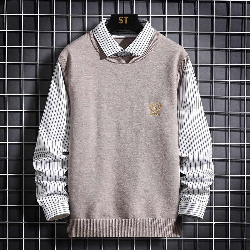 秋冬季假两件毛衣男士加厚衬衫领针织衫羊绒衫日系背心加绒打底衫