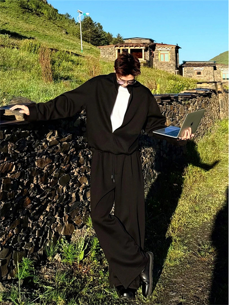 黑色美式轻熟风卫衣套装男款秋冬季高级感痞帅休闲运动服两件套