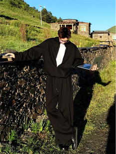 黑色美式轻熟风卫衣套装男款秋冬季高级感痞帅休闲运动服两件套