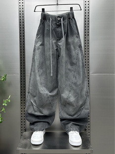 牛仔裤男款春秋季美式覆古宽松直筒黑灰色弯刀阔腿裤潮牌大码休闲