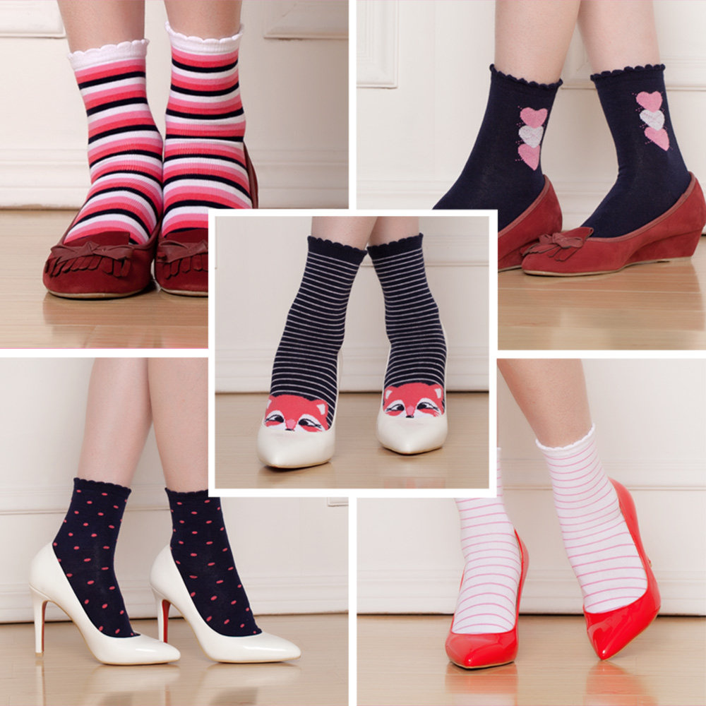 HUPS 和璞/和朴 袜口不勒 女士小狐狸卡通休闲莱卡棉袜套装 3双装