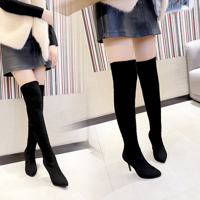 过膝长靴女冬加绒性感细跟尖头高跟鞋女绒面显瘦长筒弹力靴时装靴