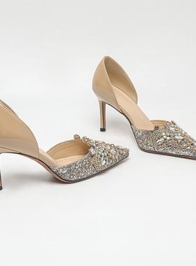 miss found白色婚鞋夏季高跟鞋主婚纱小众高级感2024新款水钻凉鞋