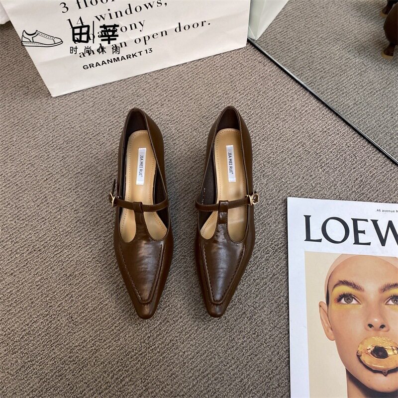 2025春单鞋女黑色镂空尖头细跟浅口玛丽珍鞋小众显白高跟鞋女