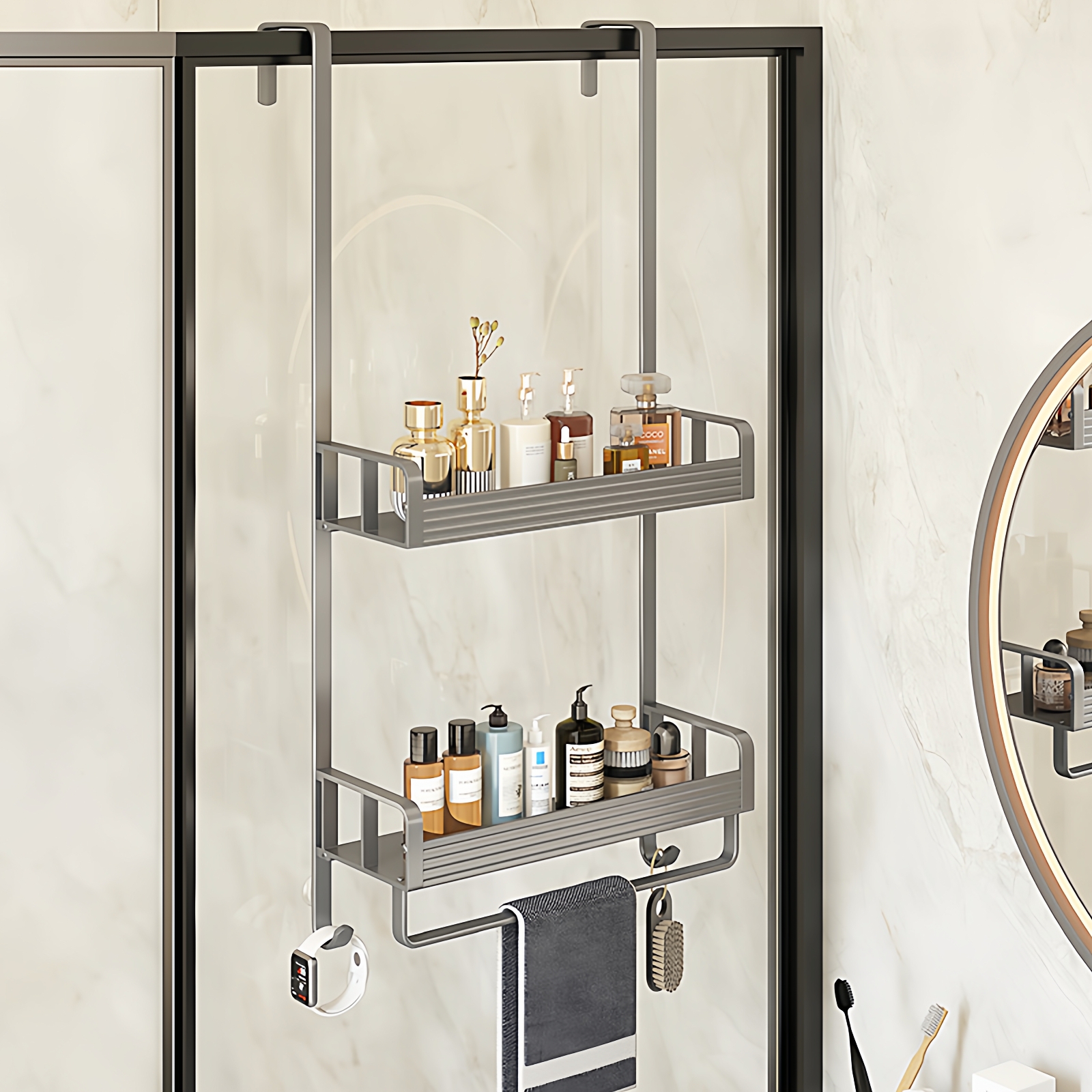 枪灰色浴室置物架洗手间挂篮卫生间收纳架厕所淋浴房挂架门后架子