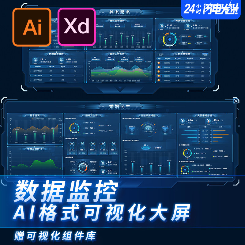 数据可视化大屏数据监控机甲科技边框素材Ai/XD矢量格式含组件库