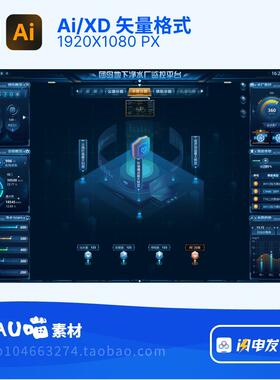 Ai/XD格式智慧园区可视化监控平台大屏立体图蓝色科技驾驶舱一张