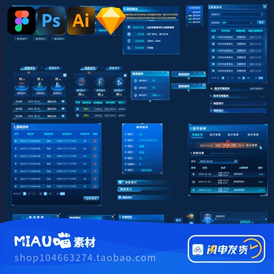 Figma/PS/Ai/Sketch格式科技蓝色可视化大屏1套模板+200款组件库