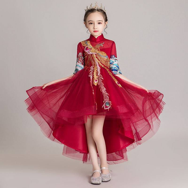 中大童礼服女童中国风拖尾公主裙钢琴古筝演出服儿童走秀主持旗袍