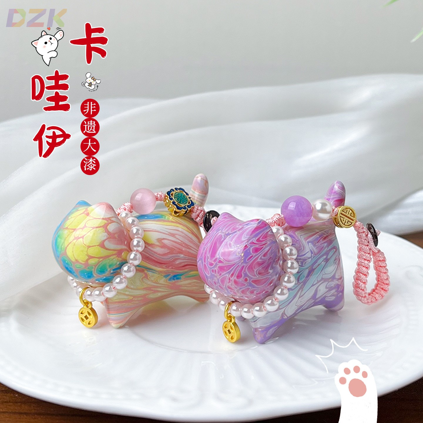 大漆招财猫流体漆手工珍珠猫咪挂件装饰品钥匙吊坠檀木包包挂件v4图片