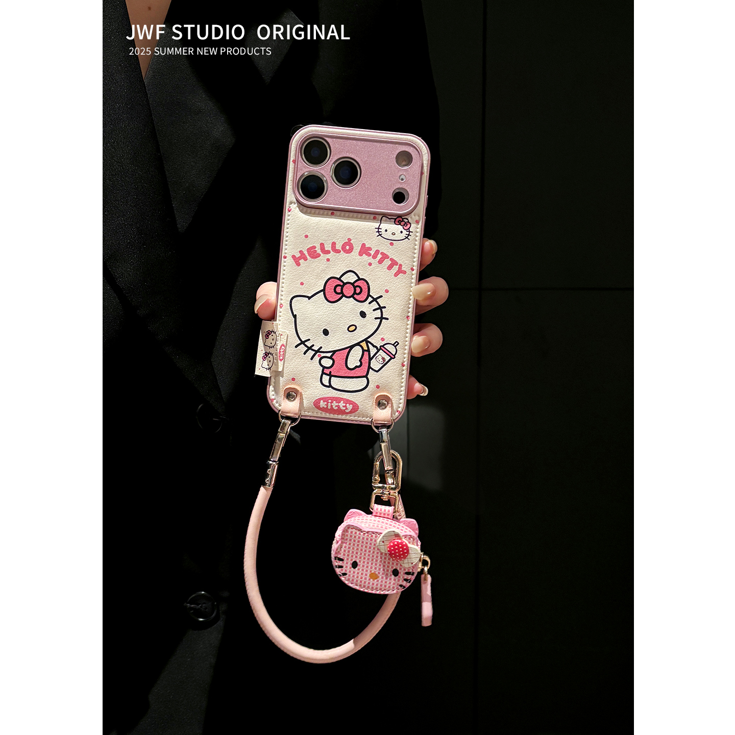 苹果17promax粉色猫手机壳斜挎