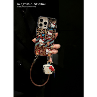 创意豹纹秋冬卡通猫适用苹果16promax手机壳斜挎iPhone15pro可背带17pro挂绳16pro挂件14promax卡通13女软套