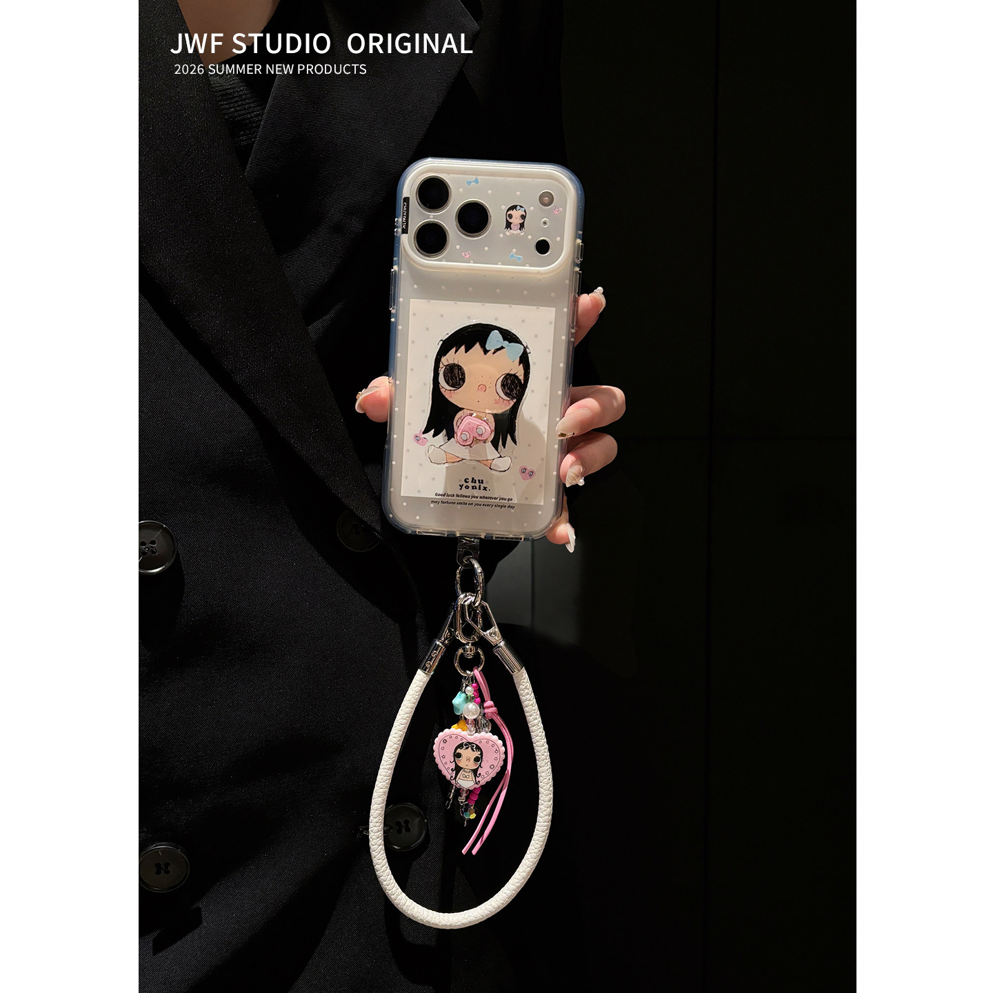 日韩趣味爱心女孩适用苹果17promax斜挎手机壳iphone16pro新款15女17pro背包式旅游15pro支架挂绳透明手机套