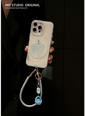 创意日韩蓝色水晶适用苹果16promax斜挎手机壳挂绳苹果16Pro网红艺术iPhone15pro全包14女挂件14Promax软13套