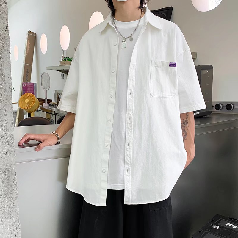 2025夏季港风纯色贴标情侣学生衬衣男原宿风格CS004-P3048,男装衬衫,星座912-1（原星座914-5）