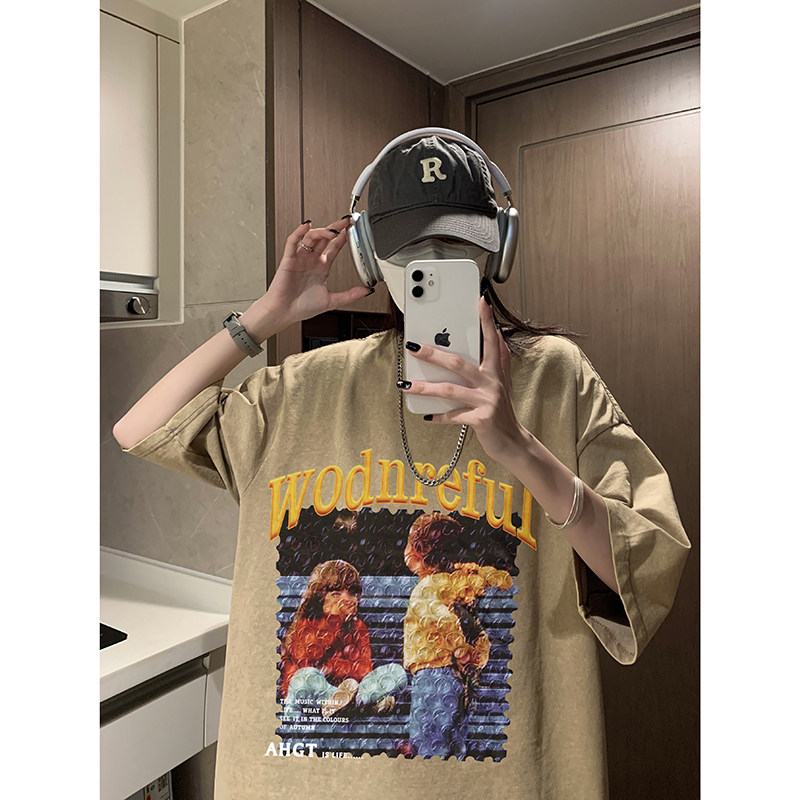 2025夏季宽松短袖潮流港风纯棉半袖水洗蜡染短袖XS008-P3558,男装T恤,星座912-1（原星座914-5）