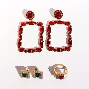 外贸饰品复古红色几何夸张耳环祖母绿闪钻方块耳钉戒指套装女V215