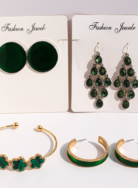 外贸饰品小众轻奢绿色珐琅釉圆形耳圈闪钻四叶草手镯水滴耳环V226