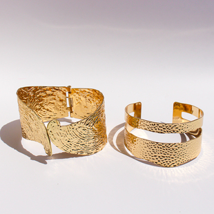 欧美外贸饰品凹凸肌理感双层开口手镯女流动波纹线条夸张腕饰V233