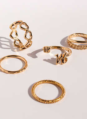 五组套装外贸饰品小众极简镂空爱心螺旋链条叠戴戒指素圈指环422
