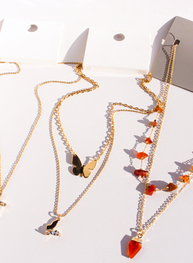 外贸原单项链欧美新款时髦蝴蝶两组套装锁骨链十字架吊坠颈链V49