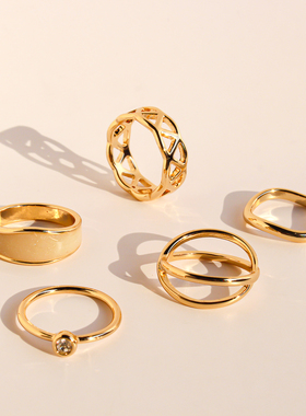 超值套装外贸饰品时尚菱格纹线条滴釉戒指钻石叠戴素圈指环女393