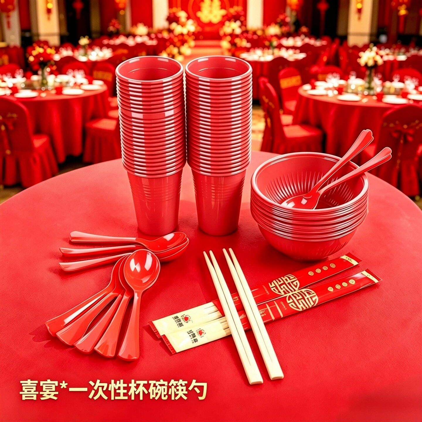 热销结婚庆用品 一次性红红碗 勺子 红杯子筷子 喜庆婚宴酒宴道具