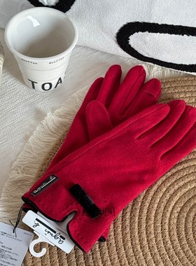 北京现货 日本购agnes b. 红色蝴蝶结秋冬保暖舒适 柔软分指手套