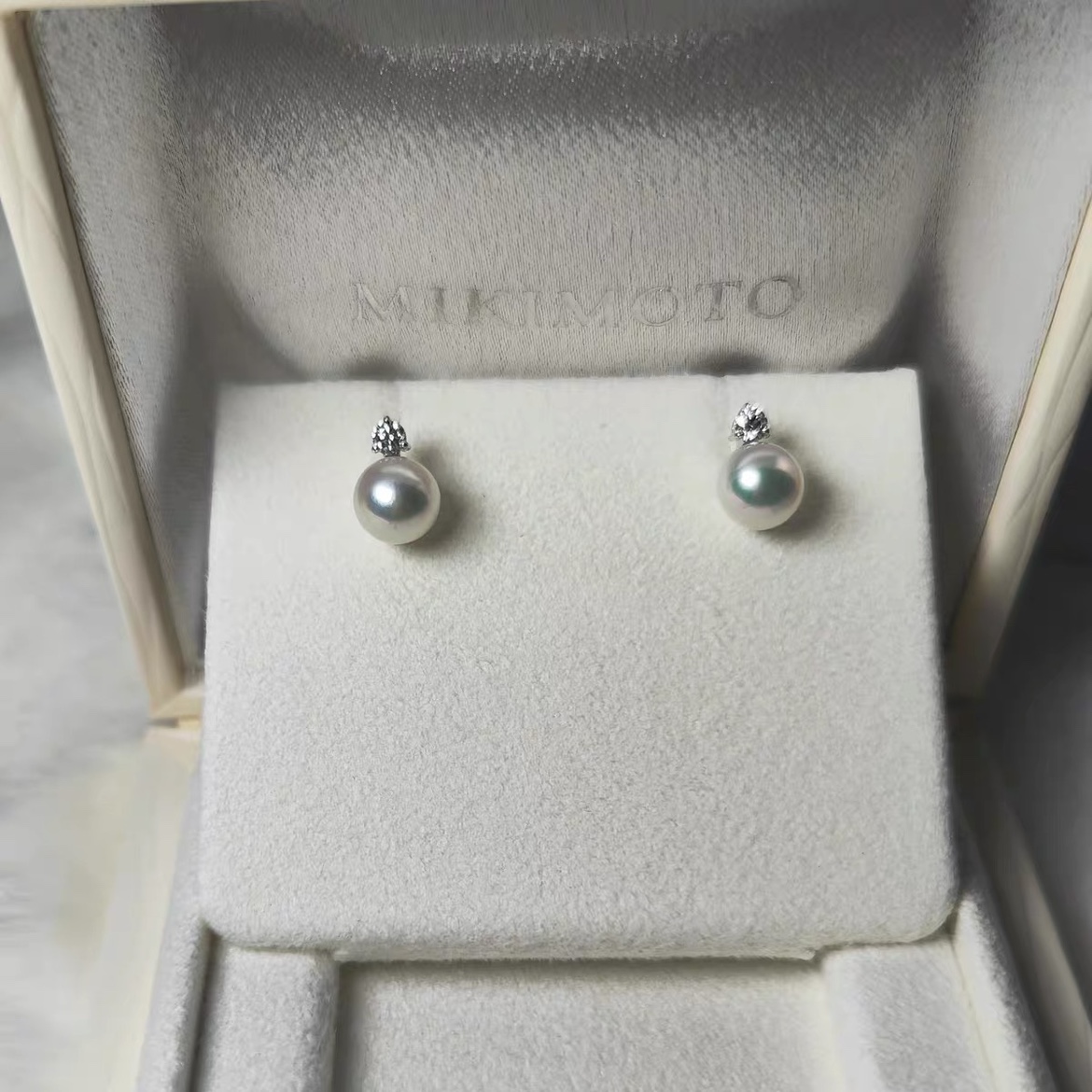 日本专柜mikimoto御木本akoya海水珍珠白金耳钉 钻石 北京现货