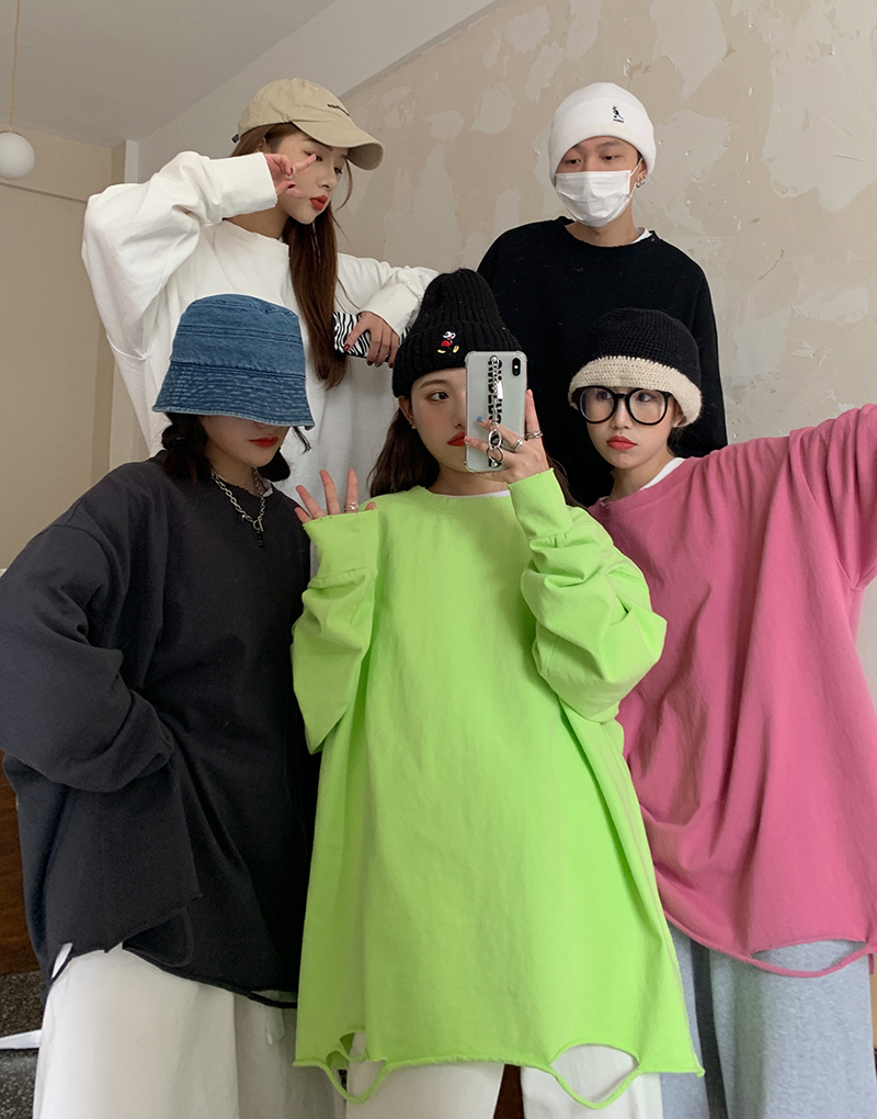 Real price Korean chic lazy ragged bottomed T-shirt loose trend show thin solid color top