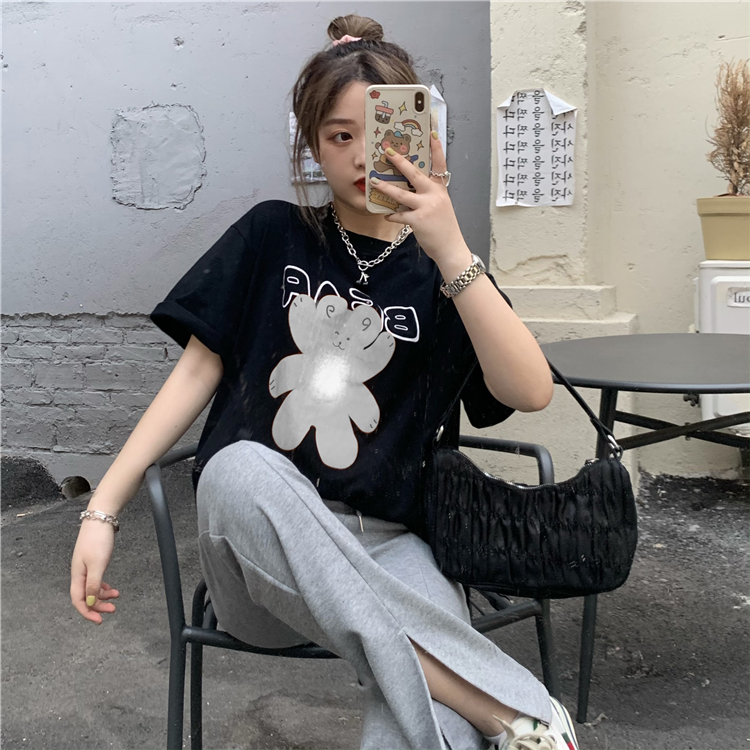 Real price cute cartoon print loose T-shirt with drape and high waist split casual pants