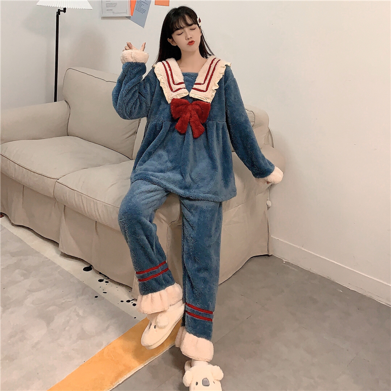 Real price autumn sweet bow Plush pajamas suit / nightdress