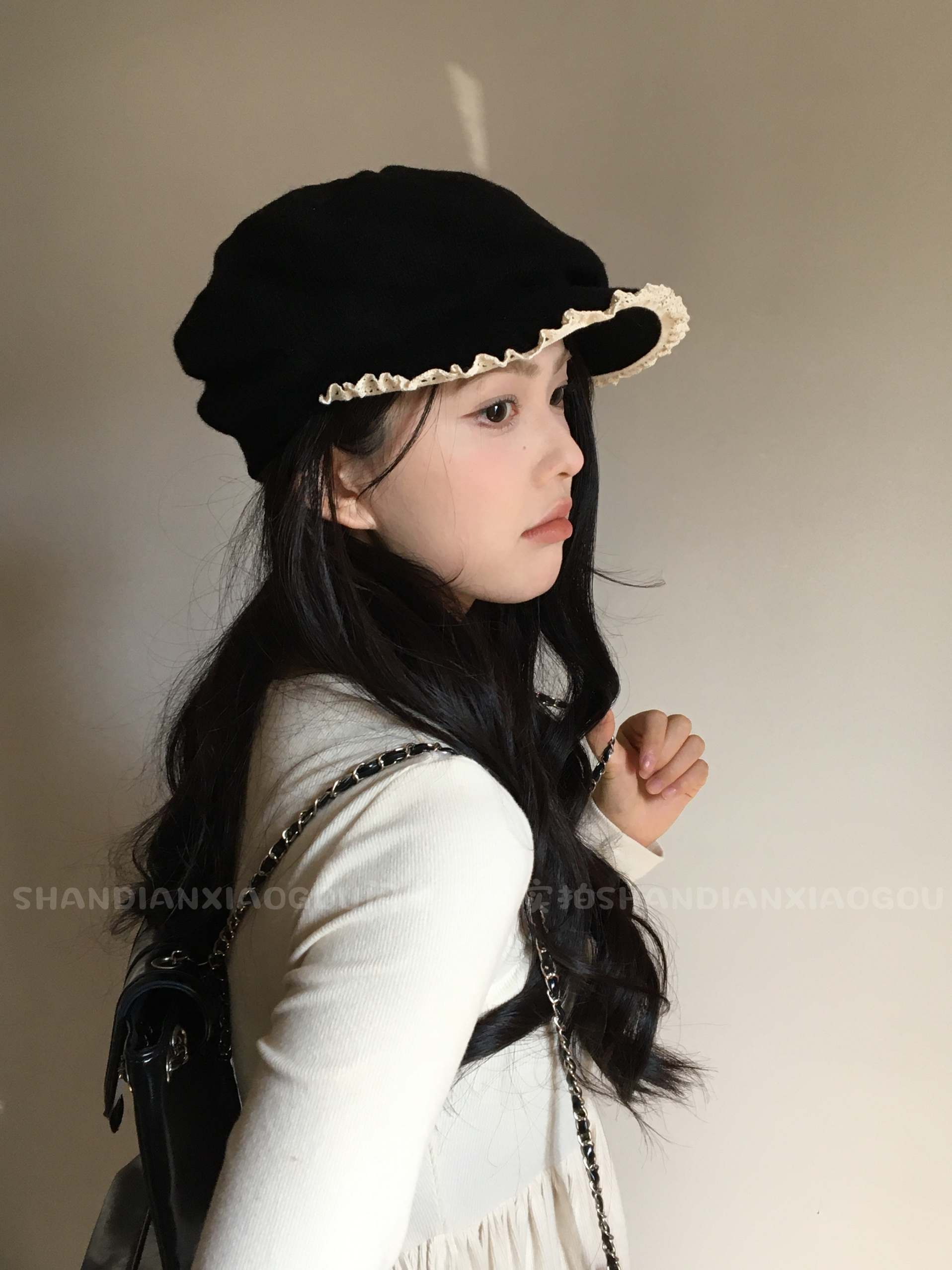 花边针织前进帽^多种戴法复古小众羊毛针织花边前进帽子女春秋